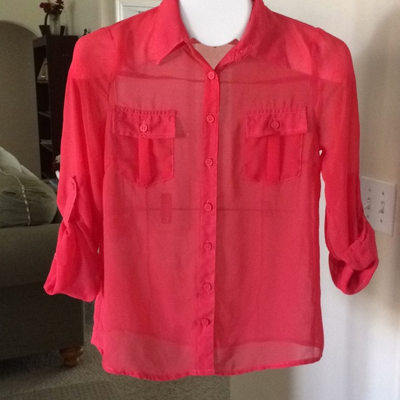 chocolate USA Tops - Women's sheer blouse top coral Sz S Chocolate USA